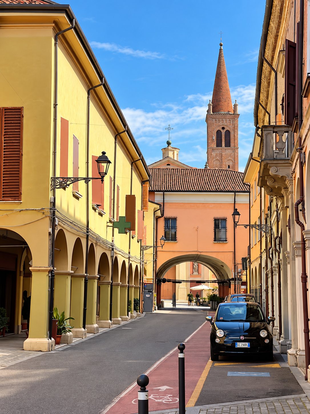 Portici e campanile nel centro storico di Pieve di Cento